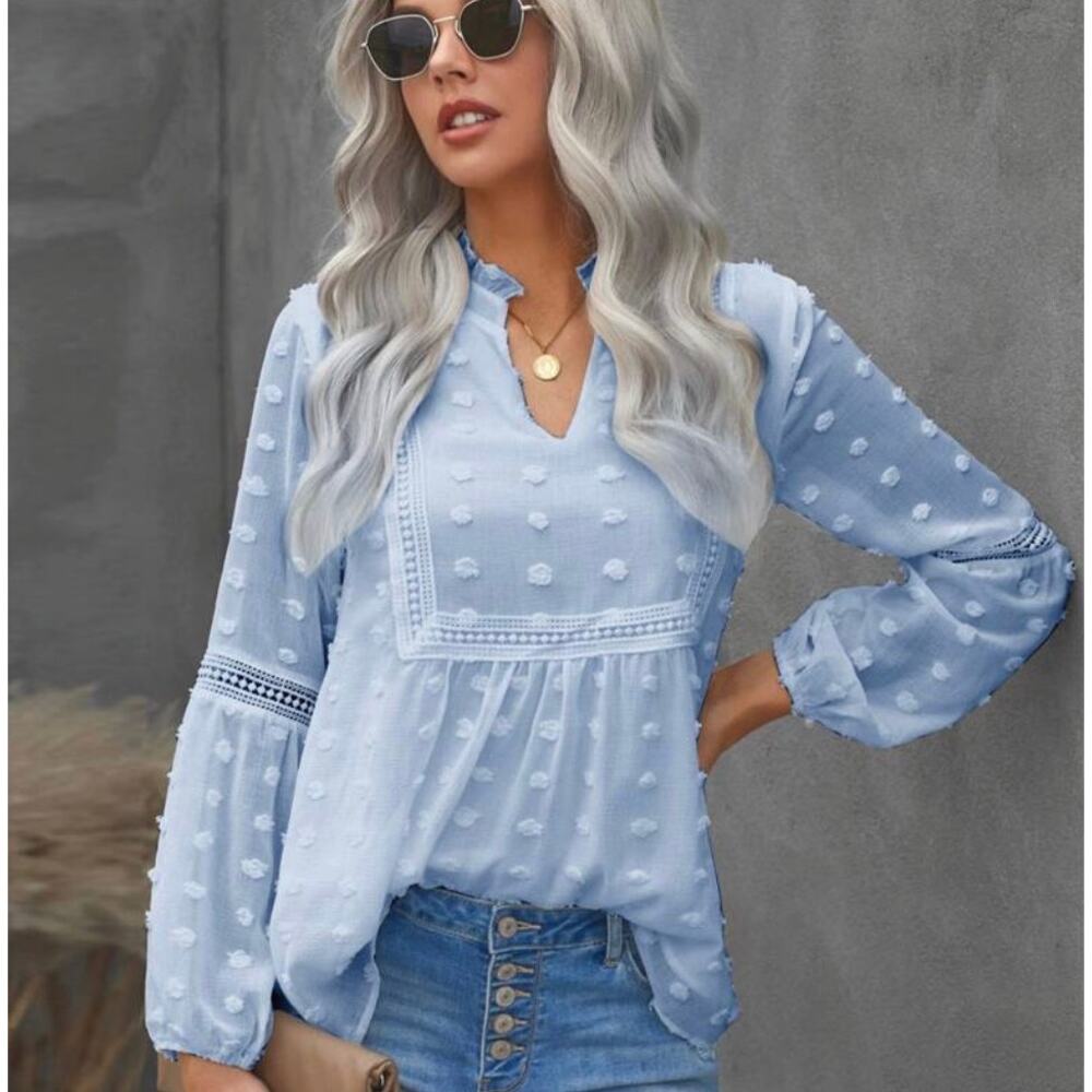 Sky Blue Swiss Dot Chiffon Baby Doll Blouse Bishop Sleeves XL Bohemian Romance